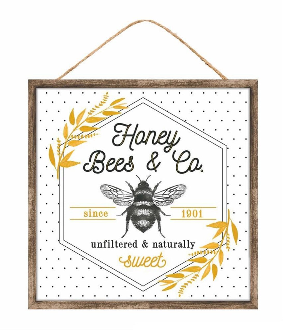 10" Honey Bees and Co Sign with Jute String, Square, For Wall / Door Hangers, Wreath Accents, Crafts, and Decorations - Spring, Summer